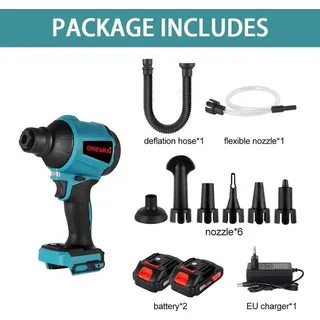 Multifunktionsgerät - 5‐in‐1 kabelloses Gebläse/Staubsauger/Luftpumpe - 1000 W - 40.000 U/min - 2 Akkus - 5 Düsen - EU‐Stecker - Silber