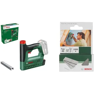 Bosch Akku-Tacker UniversalTacker 18V-14 (Tackern/heften in Weich-und Hartholz; für Klammern und Nägel; 18 Volt System; mit 1000 Feindrahtklammern; ohne Akku) + DIY Nägel Typ 48 1.8 x 1.45 x 14 mm