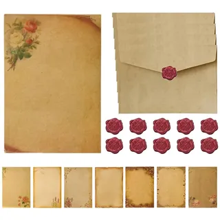 Vintage Briefpapier mit Umschlag Set, Briefpapier Set mit 10 Vintage Papier Umschläge, 16 Vintage A5 Briefpapier und 10 Wachs Siegel Aufkleber, Briefpapier Edel für Hochzeit Einladungskarten (8 Style)