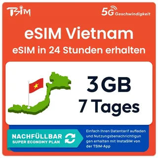 Vietnam eSIM | 3GB | 7 Tage | Nachfüllbarer Tarif | 5G Geschwindigkeit | Hotspot | eSIM innerhalb von 24 Stunden verfügbar