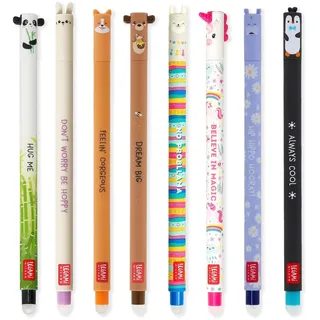 Legami Set mit 8 radierbaren Gelstiften mit thermoempfindlicher Radiertinte, verschiedene Tintenfarben und Schaftdesigns, 0,7 mm Spitze, Hase, Löwe, Corgi, Panda, Pinguin, Lama, Nilpferd, Hai