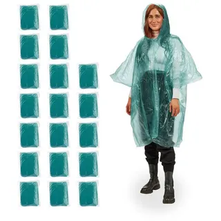 Relaxdays Regenponcho, 20er Set, Einweg Regencape mit Kapuze, Wandern, Festival, Notfallponcho für Damen & grün,