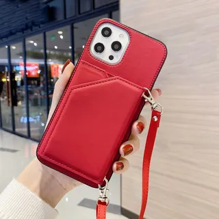 Sitthyw Handykette Hülle für iPhone 12 Pro, iPhone 12 Handyhülle PU-Leder Brieftasche mit Kartenfach Flip Case mit Stylische Band Kordel zum Umhängen Handy Lanyard und Portmonee Schutzhülle, Rot