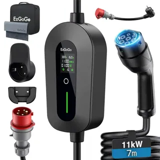 EzGoGo Mobile Wallbox 11kW Ladegerät Typ 2 (3-phasig) mit 7m Ladekabel CEE 16A auf Typ 2 inkl. Alltags-Adapter-Set | EV Ladestation [6/8/10/13/16A] | Hochwertiger IP65 Schutz | Für EVs & PHEVs