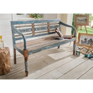 Faktorei Sitzbank aus Mahagoni Holz, 3-sitzig, 150x87x52 cm, blau