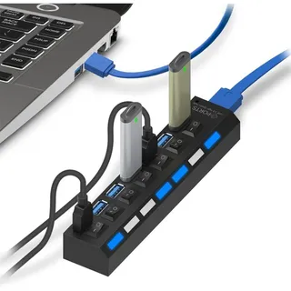 USB Hub Active 3.0 7-Port Hub Adapter Aktiv USB Verteiler 5gb/s Datenhub mit Separater Schalter Netzteil Port Einzelnen LED-Netzschaltern