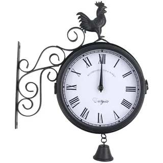 DHQCQL Bahnhofsuhr Doppelseitig, Vintage Gartenuhr mit Halterung, 30 * 37cm Eisen Zweiseitige Wanduhr, Dekorative Wanduhr für Outdoor, Garten, Schwarz