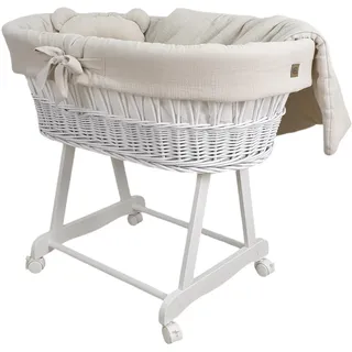 WIKLINOPOL Baby Stubenwagen – Komplettset mit Moseskorb, Matratze & Bettwäsche aus 100% Baumwolle Oeko-Tex in Beige – sicherer Schlafplatz mit Rollen & Bremse – Modell Amelia