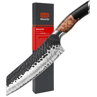 SHAN ZU Japanisches Santokumesser, 20 cm Handgeschmiedetes 7 Schichten Hochwertigem Carbon Stahl Scharf Kochmesser mit Ahornholzgriff, Profi Messer Gyuto Fleischmesser