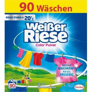 Weißer Riese Color Pulver (90 Waschladungen), Colorwaschmittel mit riesiger Waschkraft schon ab 20° C, riesig ergiebiges Waschpulver, ideal für Familien mit Kindern