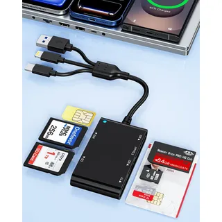 USB-A/USB-C/Lightning Smart ID Kartenleser Bank SIM SD Kartenleser Adapter | CAC ID Kartenleser für SD/TF/MS/M2/SIM/IC/CAC&PIV ISO7816, USB Smart ID Card Reader für PC,Windows,Linux,Mac,Plug-and-Play
