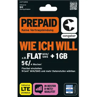 congstar Prepaid wie ich will: Individueller Prepaid Tarif - frei wählen 1-15 GB Datenvolumen & 9 Ct. pro Min/SMS – Flat, LTE-Speed, EU-Roaming