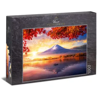 Ulmer Puzzleschmiede - Puzzle „Kawaguchiko am Fuji“ - Klassisches 1000 Teile Puzzle – Landschafts-Motiv mit dem Berg Fujijama im Spiegel des herbstlichen Kawaguchiko-See, Japan