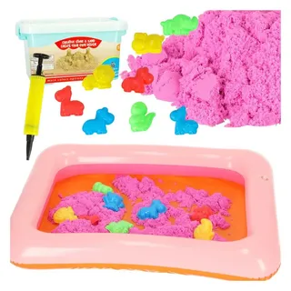 Ikonka Sandkasten Kinetischer Sand Set 1 kg pink mit Sandkasten und 8 Formen für Kinder, (Spielset mit kinetischem Sand, Formen und Sandkasten für Kinder, Kinetischer Sand 8 Formen und aufblasbarem Sandkasten kreatives Spiel), Kinetischer Sand haftet nur an sich, trocknet nicht aus, ungiftig rosa
