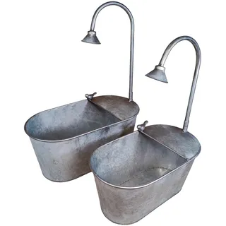 colourliving Zinkwanne Set Verzinkt Badewannen-Optik, 2 Pflanzwannen mit Dusch-Deko und Dekovogel, Pflanzwanne Metall für Garten Terrasse Balkon, Vintage Landhaus Deko, Silber