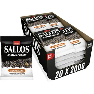 SALLOS Schwarzweich Salted Caramel Vorrats-Pack – Lakritz mit Schaumzucker und Salmiak-Salz, aus natürlichem Süßholzsaft, würzige Lakritz-Kombination, vegan, im Vorrats-Pack, 20 x 200 g