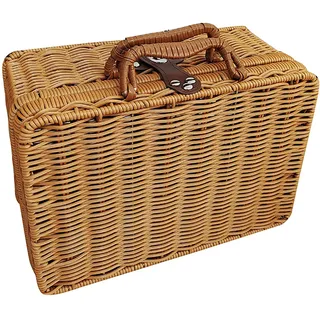 CDQL Retro-Koffer aus Korbgeflecht aus Kunststoff, Kofferbox aus Rattan mit Lederbandschloss, Aufbewahrungsbox für Picknickkorb aus Korbgeflecht, Kofferkorb aus Rattan, (A1)