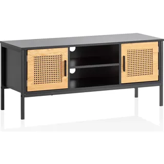 FineBuy TV Schrank 110 cm Holz Schwarz Fernsehkommode Wiener Geflecht