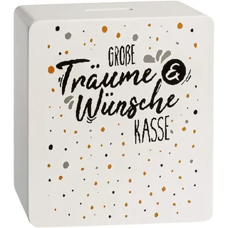 alles-meine.de GmbH XL Holz - Spardose - Motivwahl - große Träume & Wünsche Kasse - 15 cm - mit Verschluss - stabile Sparbüchse - Wunscherfüller - weiß - Familie - Sparschwein -..