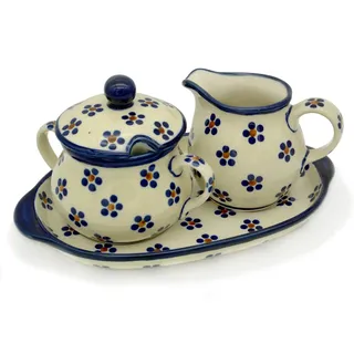 Bunzlauer keramik Milch- und Zucker-Set mit Untersetzer (Dekor Margarete)