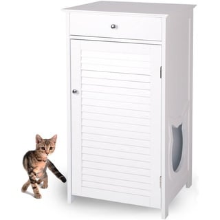 WONDERMAKE WONDERMAKE® Katzenschrank für Katzentoilette groß hoch aus Holz, Katzenklo-Schrank Kommode mit Schublade und Tür geschlossen, Design Katzen-Haus Toilette Klo XL, 51 x 46 x 96 cm, weiß