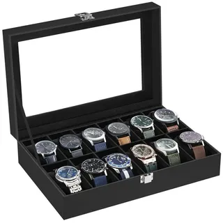 SONGMICS Uhrenbox Uhrenkasten, mit 12 Fächern, Glasdeckel, Geschenkidee schwarz