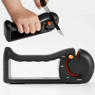 Pursufect Messerschärfer – 3-Stufen-Messerschleifer mit Rotationsfunktion, geeignet für glatte und gezahnte Klingen, ergonomischer XL-Griff
