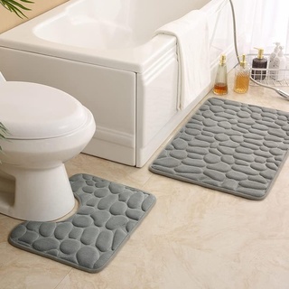 Rutschfeste 50 x 80 CM Badematte und 50 x 40 CM WC Vorleger 2 Teilig Badezimmerteppich Set Weiche Badvorleger mit Kopfsteinpflaster Muster Waschbare Badteppiche für Badezimmer (Grau)