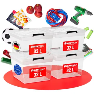 commerciamo gmbh ATHLON TOOLS 4x 32 L Aufbewahrungsboxen mit Deckel, lebensmittelecht - Verschlussclips - 100% Neumaterial Plastik-Box transparent - Kleiderboxen stapelbar...