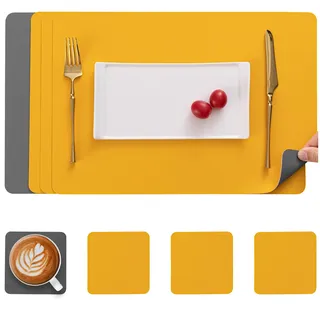 Myir JUN Tischsets Abwaschbar und Untersetzer, Platzset Leder Platzdeckchen Abwaschbar Doppelseitigen Tischsets Umkehrbares Tischset rutschfest Tischset Lederoptik (Grau Gelb, Satz von 4)
