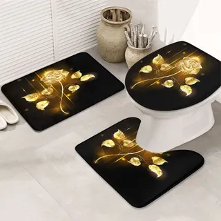 ASEELO 3-teiliges Badezimmer-Teppich-Set, goldfarben, Rose, Badematte und U-förmiger WC-Teppich mit Deckelbezug für Badewanne, Dusche, Badezimmer