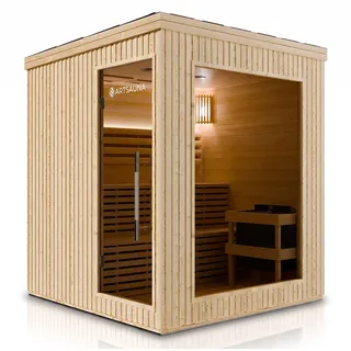 ARTSAUNA® Outdoor Sauna Visby180 aus WPC in Natur, 9 kW Saunaofen, LED-Beleuchtung, Bluetooth, Hemlock, Soundsystem, Zweistufige Bank, Saunakabine für 4-6 Personen