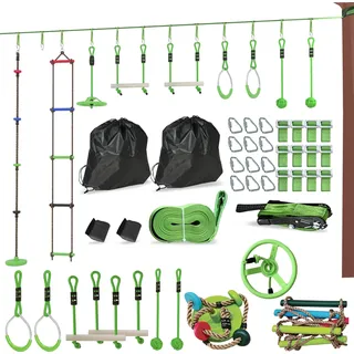 AIYAPLAY Ninja Warrior Hindernisparcours für Kinder 10m Ninja Slackline Kit mit Turnringe, Spinnerrad, Schaukel, Kletterstangen, Hängetablett, Kletterleiter Zubehör Trainingsausrüstungsset für Kinder   Aosom