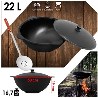 4big.fun Flacher Gusseisen Camping-Kessel Kazan 22 L NAMANGAN mit Deckel WOK, Schöpflöffel, BBQ Outdoor Kochen