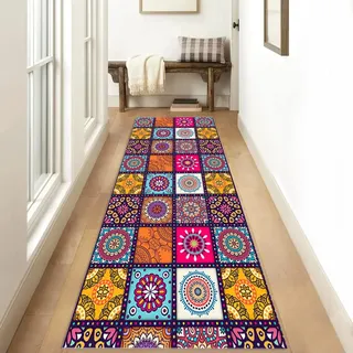 Teppich Läufer Flur Küche rutschfest Waschbar Vintage 40x140cm Küchenteppich rutschfest Bunter Patchwork Waschbar Meterware Schlafzimmer Korridor Teppichläufer Lang, Länge Anpassbare, 40-100cm Breit