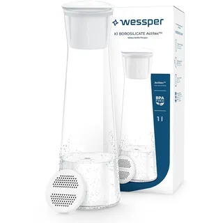 Wessper Glaskaraffe mit Deckel, weiß Wasserkaraffe mit Wasserfilter, glaskaraffe 1 liter nachfüllbare Karaffe aus Borosilikatglas für zuhause, reduziert Chlor, Mikropartikel im Leitungswasser