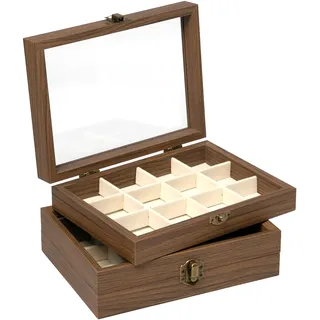 Rebanky 2 Edelstein Sammelboxen aus Holz mit 12 Fächern, für Mineralien | Stein Sammelbox mit Deckel und Schnalle Setzkästen für Mineralien, Kristalle, Fossilien und kleine Steinsammlungen