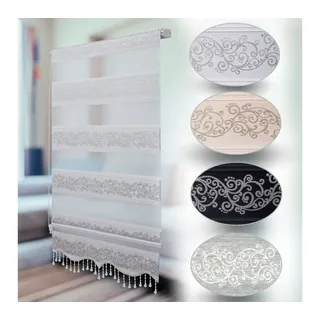 Doppelrollo Doppelrollo Duorollo Klemmfix ohne Bohren 1533 mit Perlen, Plisseeonline, blickdicht, Klemmfix Montage am Fensterrahmen, Freihängend, Klemmfix, Motiv, Weiß, Grau, Gold, Schwarz schwarz 130 cm x 150 cm