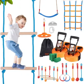 Vevor Ninja Slackline Hindernisse Set 2 x 17 m Slacklines, 226,8 kg Tragkraft Ninja Hinderniskurs, Outdoor-Spielset-Ausrüstung, Hinterhofspielzeug-Trainingsausrüstungsset mit 12 Hindernissen