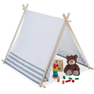 Relaxdays Tipi Zelt für Kinder, mit Fenster, Kinderzimmer Zelt, Wigwam Kinderzelt, HxBxT: 92 x 92 x 120 cm, weiß-grau