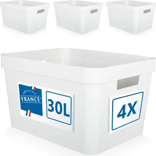 Stimo 4er Set Aufbewahrungsbox 30L Aufbewahrungskorb Kunststoff Ordnungsbox mit Griffen für Badezimmer Regal Organizer Box (Weiß, 4er Set 30L)