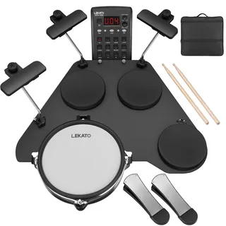 LEKATO Elektronisches Schlagzeug-Set mit leisen Mesh-Pads, CPD-1000 Tragbares elektrisches Schlagzeug-Set, 220+ Sounds, USB MIDI, 2 verbesserte Pedale, Sticks, Reisetasche (Schwarz-Großes Pedal)