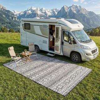 evocamp Outdoor Teppich 250x300 cm, Kunststoffteppich, wetterfest für Terrasse, grau-weiß