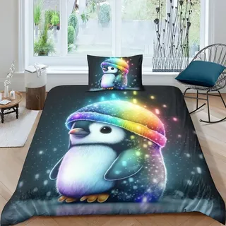 QLasic Pinguin Bettwäsche 3D Gedruckter Set Für Erwachsene Teenager Kinder Mit Kissenbezug Und Bettwäsche-Set Mikrofaser-Bettbezug Mit Reißverschluss Single(135x200cm)