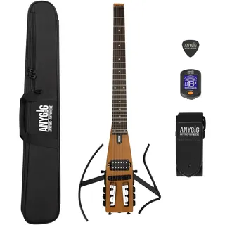 Anygig Reise E Gitarre, Kopflose Gitarre – Volle Größe, ultraleicht (wiegt nur 1,8 kg), 100 % Ahorn, digitales Stimmgerät, Gitarrentasche, Ständer, geeignet für Linkshänder und Rechtshänder, Braun