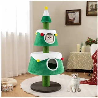 GYMAX 153 cm Kratzbaum Weihnachten, Katzenhaus mit 2 Katzenhöhlen, weiche Plüschoberfläche, Spielzeug & Stabiler Sockel, Weihnachtsdeko, Katzenkratzbaum für innen, Grün