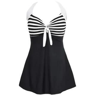 Ocean Plus Damen Sommer Retro Vintage Neckholder Sternchen Punkte Badekleid mit Rock Streifen Badeanzug mit Shorts Bademode Große Größen Beachwear (4XL (EU 44-46), Schwarz und weiß Streifen) - 4XL