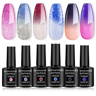 Senvenski Farbwechsel Gel Nagellack Farben Rosa Blau Rot Lila Weiß Pfirsich Lavendel Shellac Glitzer Stimmung Chamäleon Thermisch Temperatur UV LED Gift Set Kit Nagellack Kinder Mädchen (WB6-001)