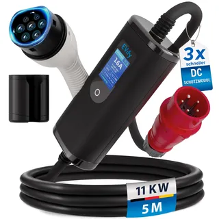 EVify Mobile Wallbox 11kW Ladegerät Typ 2 - Ladekabel CEE 16a auf Typ 2 3-Phasig 5M, Ladegerät Ladeleistung einstellbar, Mobile Ladestation, Ladekabel E Auto Starkstrom, EV Charger 11kW mit Tasche