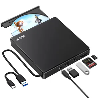 BUNUD Externes CD DVD Laufwerk: USB-C CD ROM Laufwerk Extern USB für Windows 11 - Externer CD Brenner mit 2 USB & SD/TF Slots Tragbar Externe Optische Laufwerke für Laptop Mac MacBook Apple